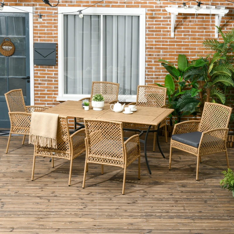 Outsunny 7 Pieces Outdoor Dining Set for 6, Wicker Rattan Patio Furniture Set, Patio Table and Chairs Set with Cushions, Plastic Wood Table Top, Conversation Set for Garden, Backyard, Deck, Tan