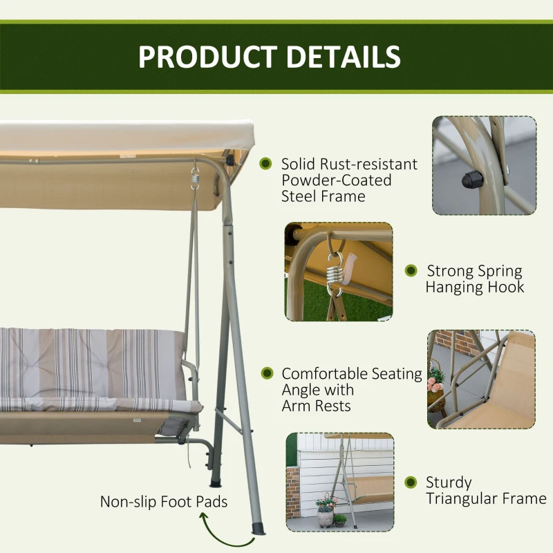 Outsunny 3-Seat Patio Swing Chair, Outdoor Porch Swing Glider with Adjustable Canopy, Light Brown