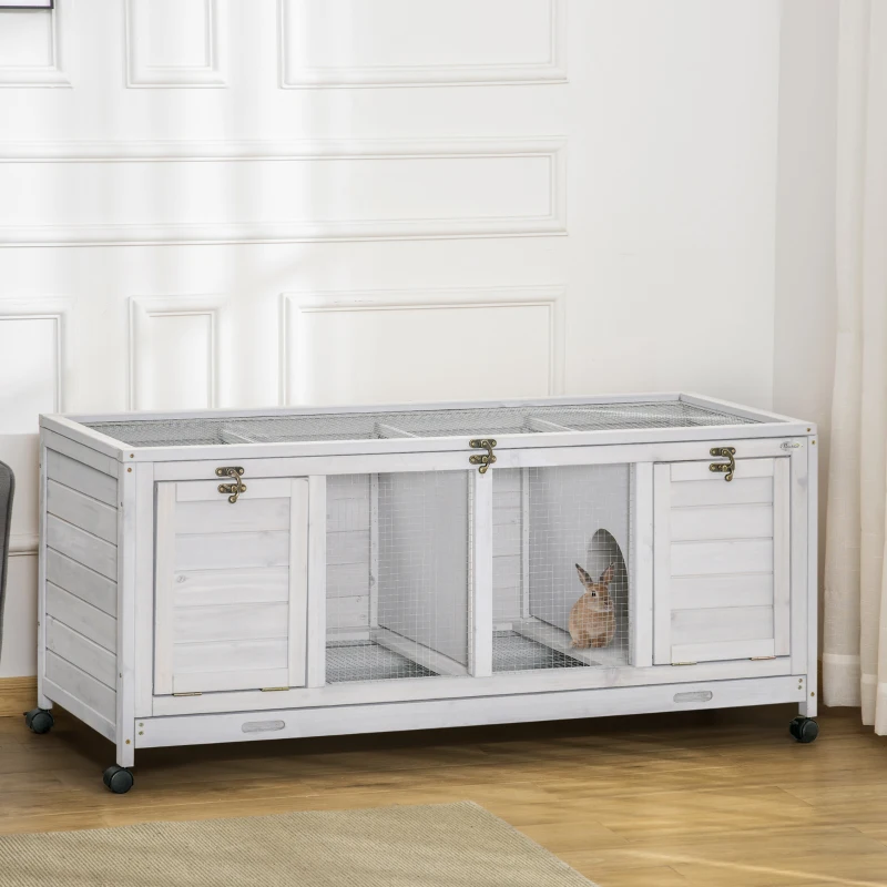 PawHut Wooden Rabbit Hutch with Wheels, Dividers for Indoor Use, Light Gray
