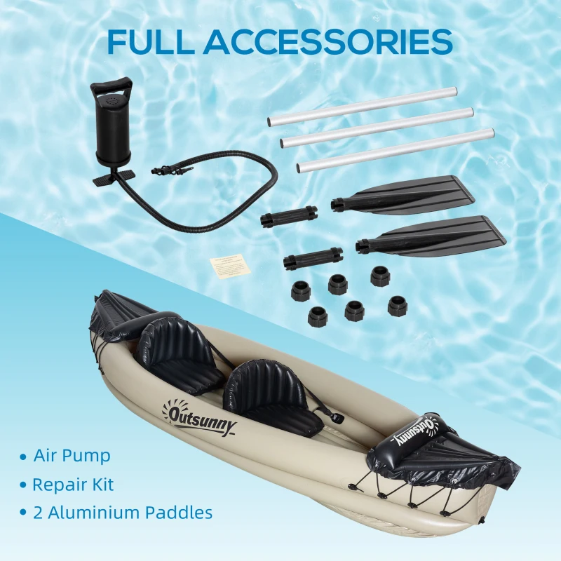 Outsunny K2 Kayak, 2 Person Inflatable Kayak, Includes Paddles, Aluminum Oars, Repair Kit, Portable Tandem Blow Up Boat, Beige