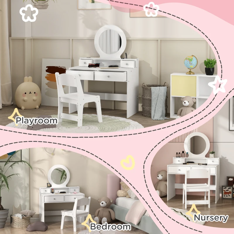 Qaba Kids Vanity Set, Children Makeup Table with Mirror, Stool and Storage Drawers, for Ages 3-8, White