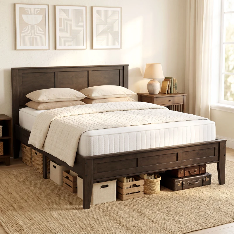 HOMCOM Queen Size Bed Frame with Headboard and Footboard, Mid-Century Modern Platform Bed Frame with Under-Bed Storage, Walnut