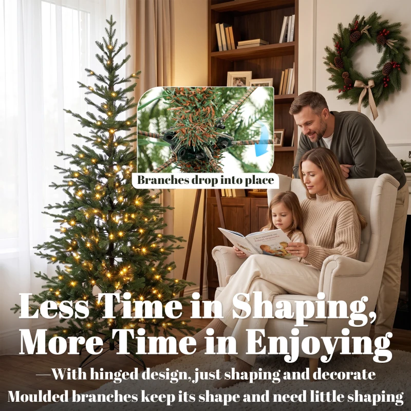 HOMCOM 7ft Prelit Sparse Christmas Tree with Downswept Hinges Warm White LED Lights, Green