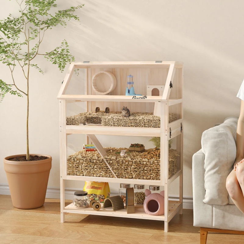 PawHut Wooden Hamster Cage with Detachable Lower Floor, Storage Shelf, Hut, Seesaw, Exercise Wheel, Ramps for Dwarf
