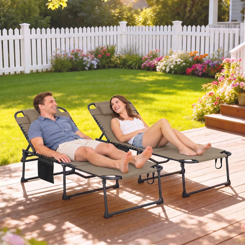 Outsunny 2 Piece Folding Chaise Lounge Pool Chairs with 5-level Reclining Back, Reading Hole, Side Pocket, Beige
