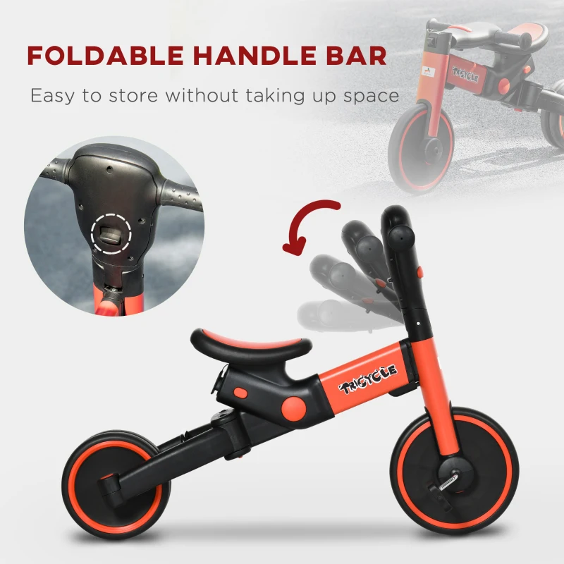 Aosom 4-in-1 Toddler Tricycle, Adjustable Balance Bike, Kids Bike, Baby Bicycle Push Trike for Kids 2-4 with Folding Trike Handle, Outdoor Toy for Toddlers & Kindergarteners, Red
