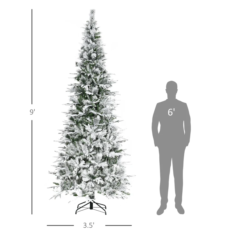 HOMCOM 9' Unlit Snow Flocked Pine Artificial Christmas Tree with Realistic Branches and 1159 Tips, Green