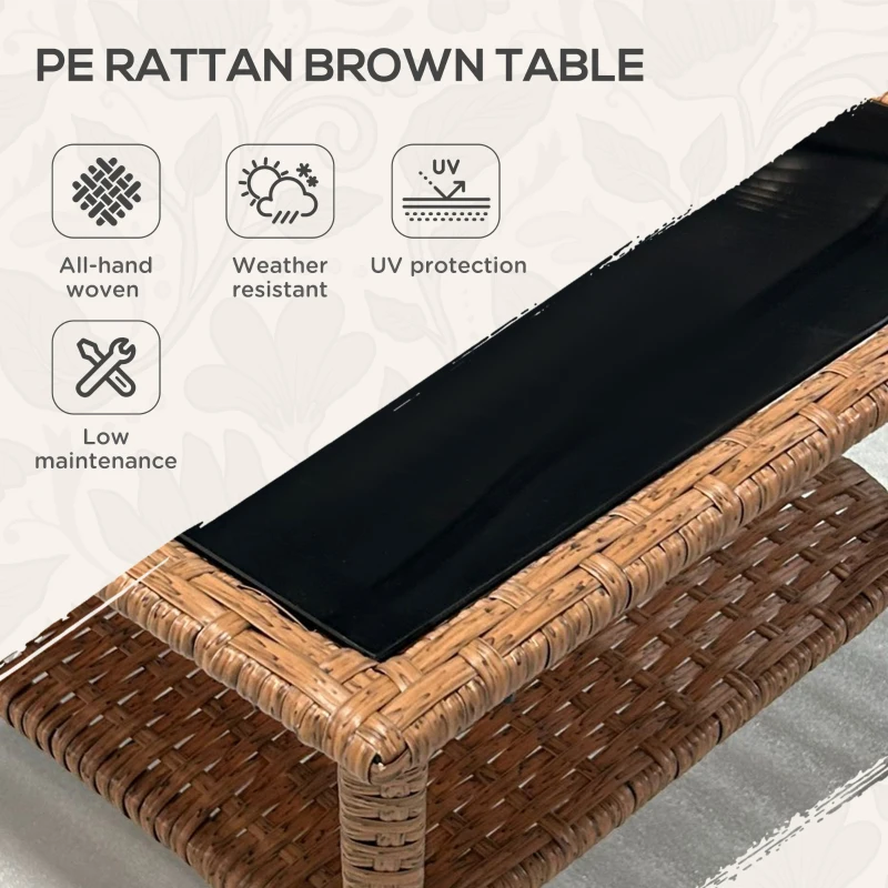 Outsunny Rattan Side Table, Outdoor End Table with Storage Shelf, Aluminum Frame Square, Coffee Table with Tempered Glass Top, Sand