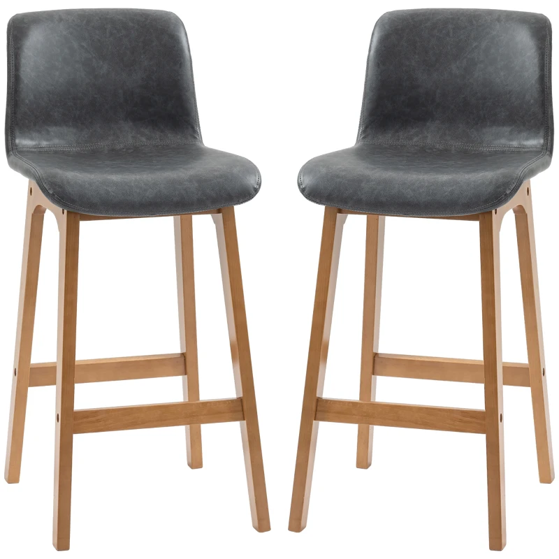 HOMCOM Modern Bar Stools Set of 2, Counter Height Bar Chair with PU Leather Wooden Frame Padding Seats for Dining Room Home Bar, Grey