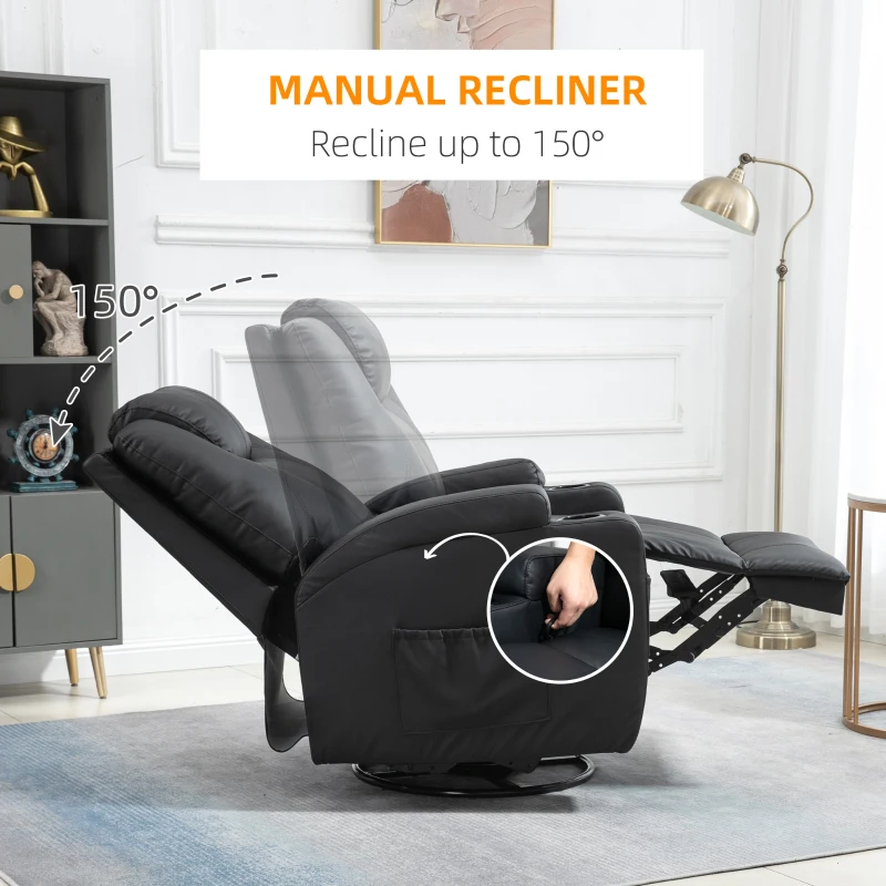 HOMCOM Massage Recliner Chair, Swivel Nursery Rocker Chair, Manual Reclining Sofa with 8 Vibration Points, PU Leather, Cup Holders, Side Pockets, for Living Room, Black