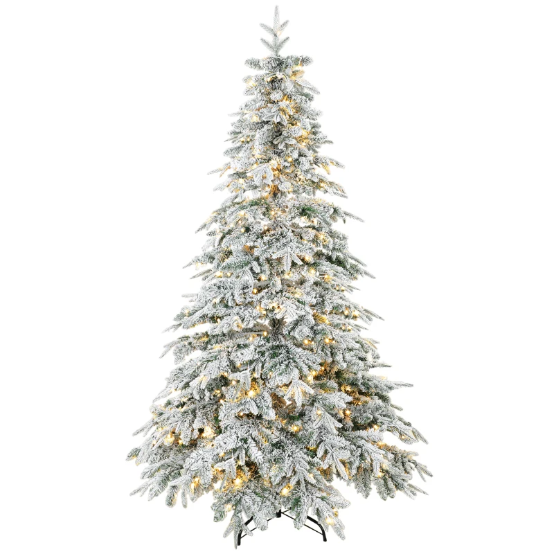 HOMCOM 7ft Prelit Flocked Christmas Tree, Downswept Hinged Xmas Tree with LED Lights, 8 Modes, Daily Timer, Remote