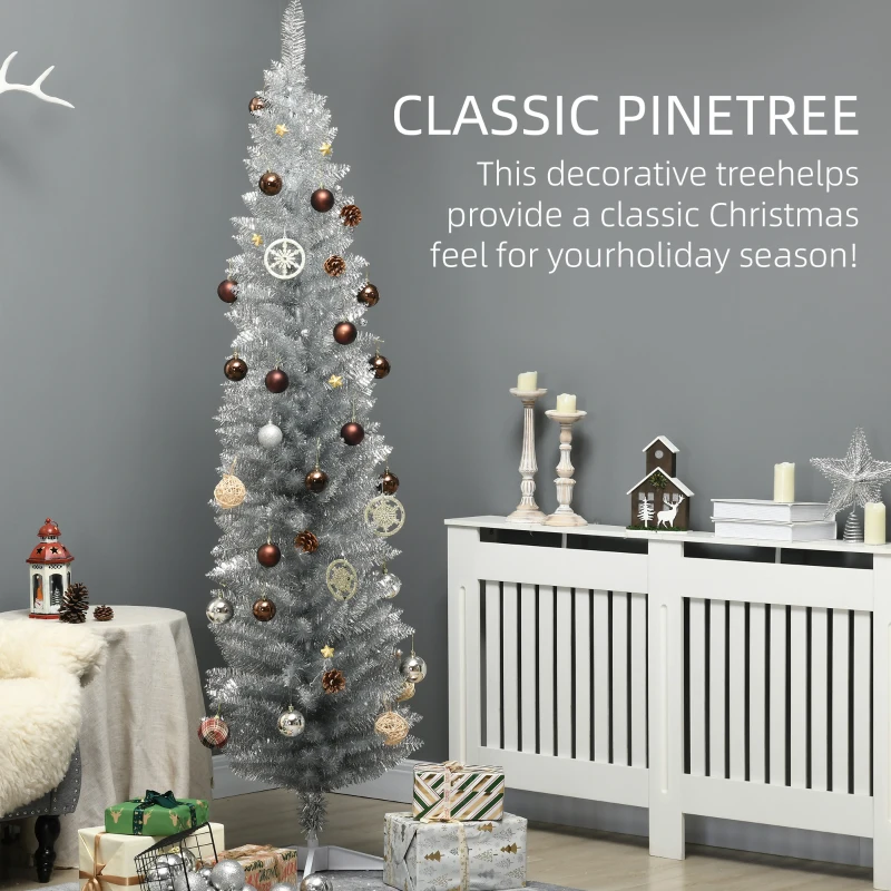 HOMCOM 7ft Unlit Pencil Artificial Christmas Tree with Realistic Branches and 499 Tips, Plastic Base, Silver