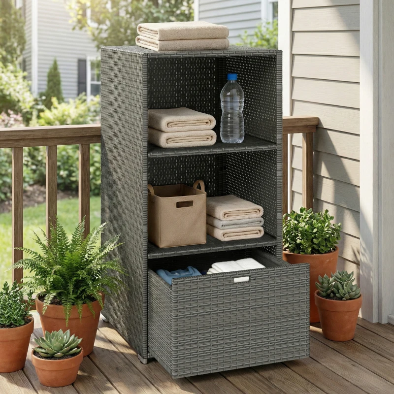 Outsunny Valet Pool Towel Rack, Water-Resistant PE Plastic Rattan Wicker Storage Organizer, 2 Shelves, 1 Basket Drawer, Dark Gray