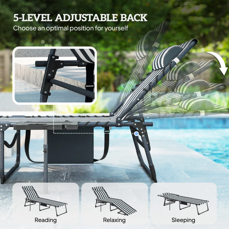 Outsunny Folding Outdoor Chaise Lounge Chair Tanning Chair with 5-Level Adjustable Back, Side Table, Pillow, Pocket, Blue White