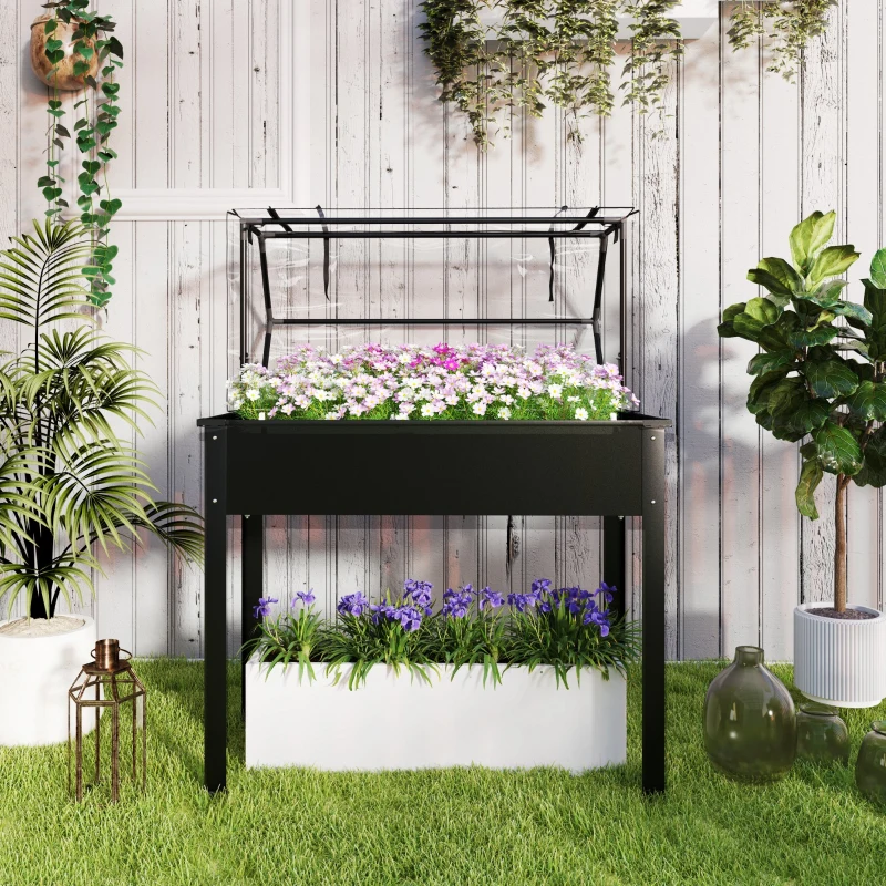 Outsunny Elevated Garden Box with Greenhouse Cover, Raised Garden Bed with Legs and Drainage Hole for Vegetables, Black