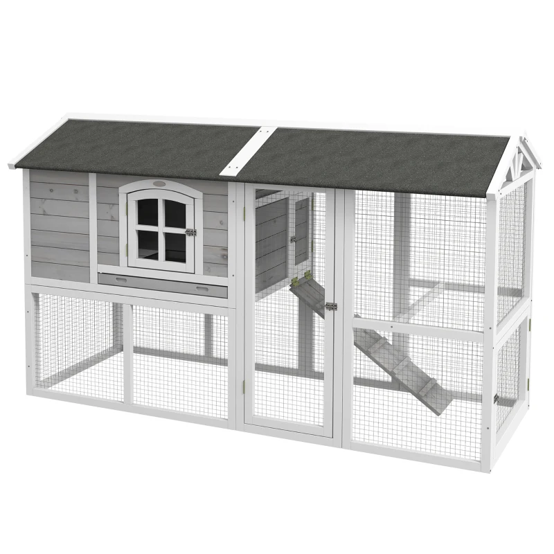 PawHut Wooden Chicken Coop with Run for 3 - 4 Chickens, Hen House with Nesting Box, Removable Tray, Outdoor Poultry Cage, 77.5" x 32.5" x 46", Light Gray