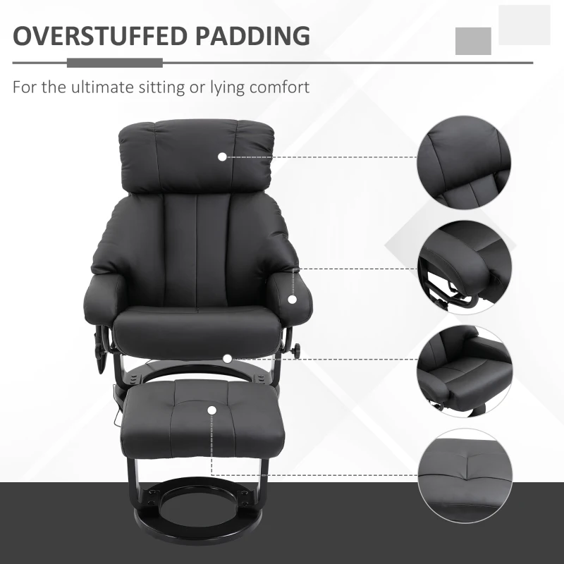 HOMCOM Massage Recliner Chair with Ottoman, 360° Swivel Recliner and Footstool, PU Leather Reclining Chair with Side Pocket and Remote Control, Black