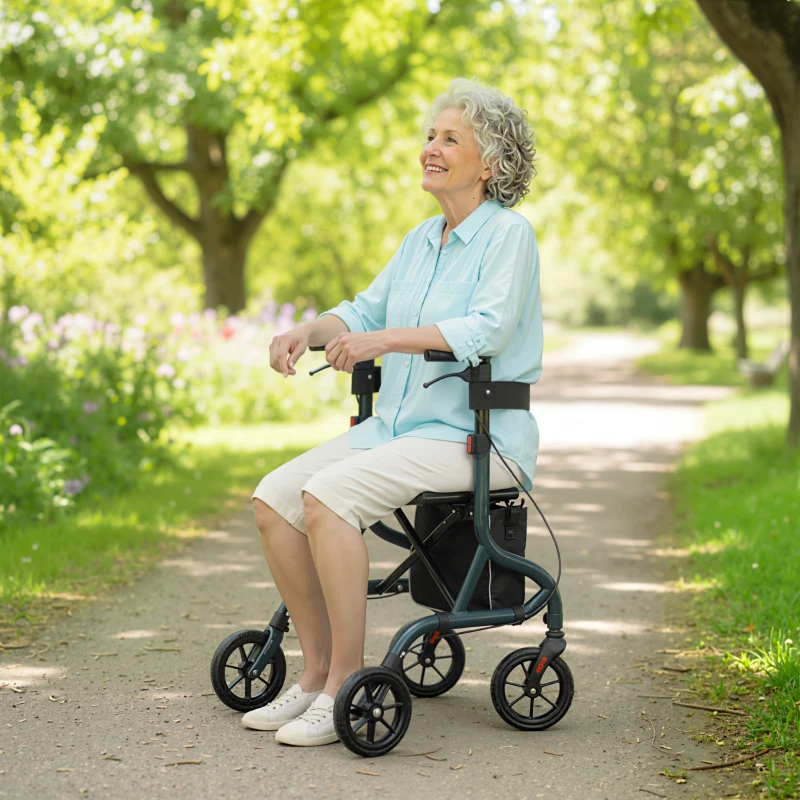 HOMCOM Foldable Rollator Walker with Seat for Seniors, Lightweight Rolling Walker with Adjustable Handles, Green