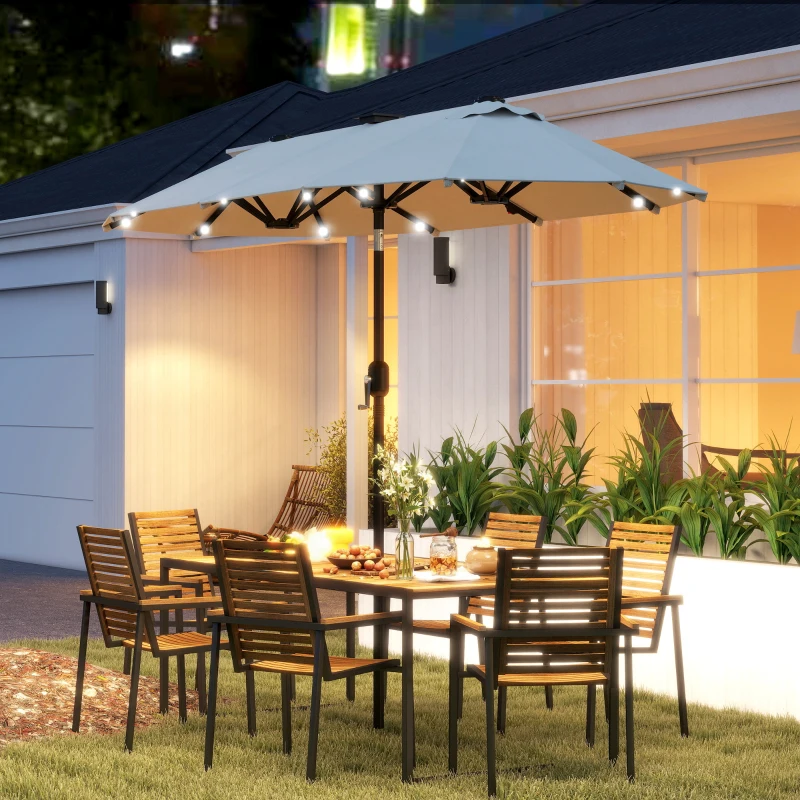 Outsunny 10ft Double-Sided Patio Umbrella with 35 LED Lights, 12 ribs, Extra Large Outdoor Parasol with Twin Canopy, Beige