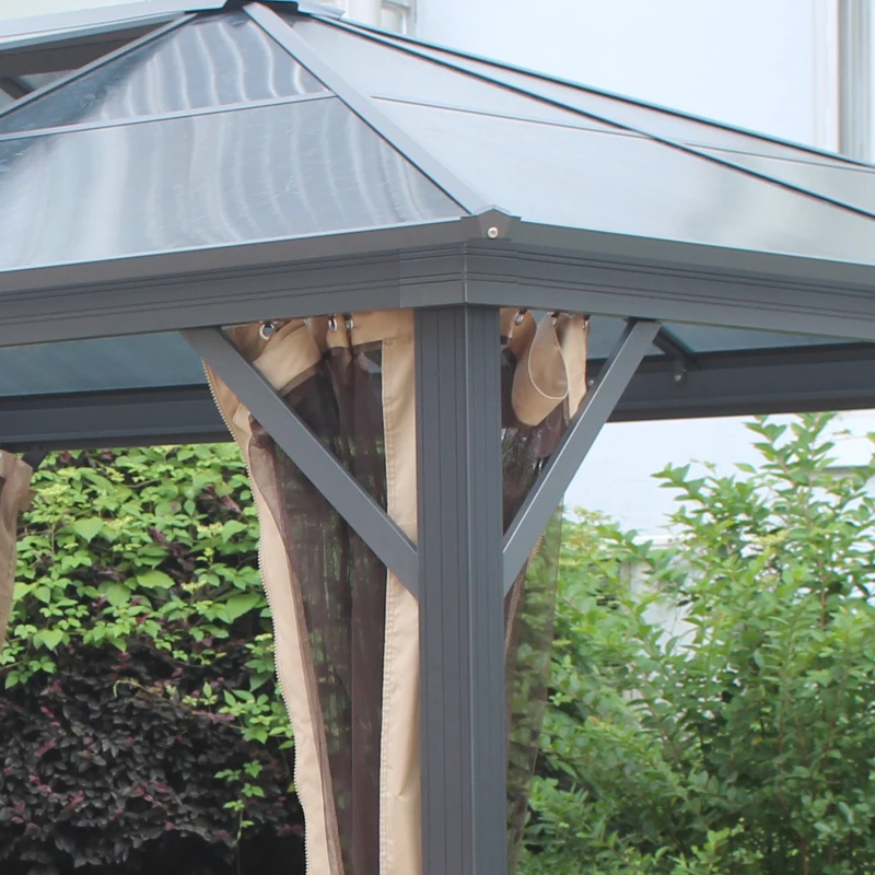 Outsunny 10' x 12' Hardtop Gazebo Canopy with Polycarbonate Roof, Aluminum Frame, Permanent Pavilion Outdoor Gazebo with Netting, for Patio, Garden, Backyard, Deck, Lawn, Gray, Brown