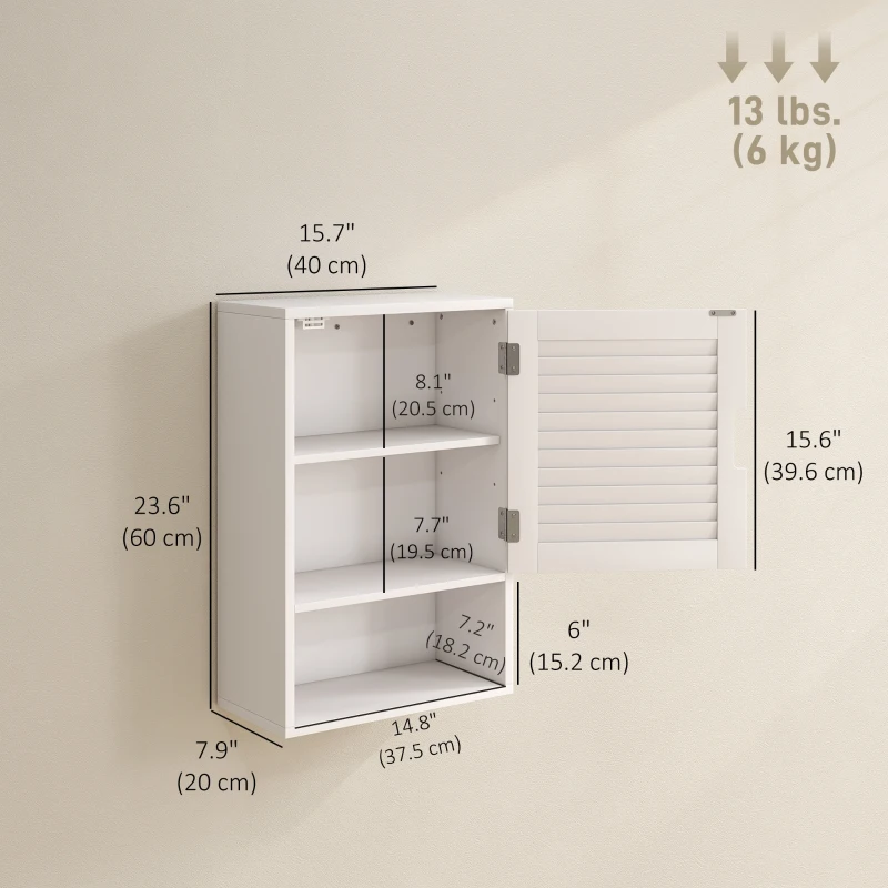 HOMCOM Bathroom Cabinet, Wall Mounted Storage Cabinet with Adjustable Shelves, 40 x 20 x 60 cm, White