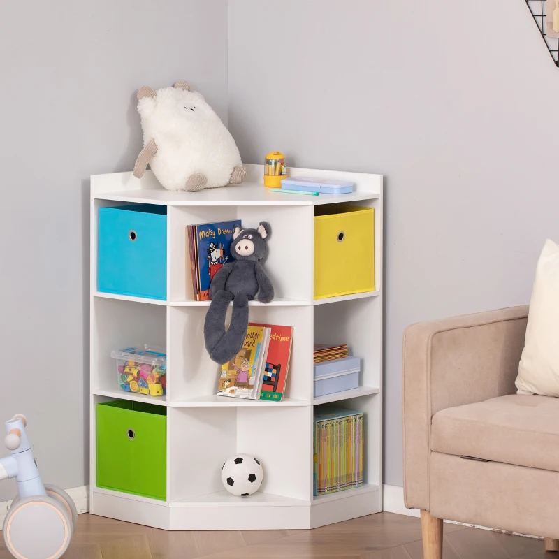 HOMCOM Kids Corner Cabinet, Cubby Toy Storage Organizer, Bookshelf Unit with Three Baskets for Playroom, Bedroom, Living Room, White