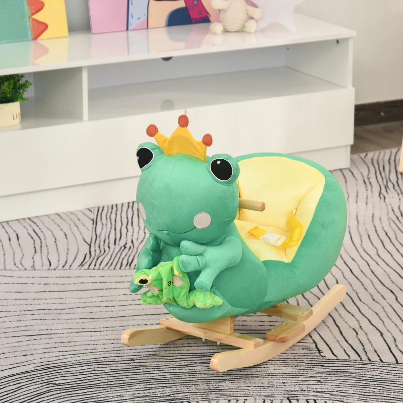 Qaba Kids Ride-On Rocking Horse Toy Frog Style Rocker with Fun Music, Seat Belt & Soft Plush Fabric Hand Puppet for Children 18-36 Months
