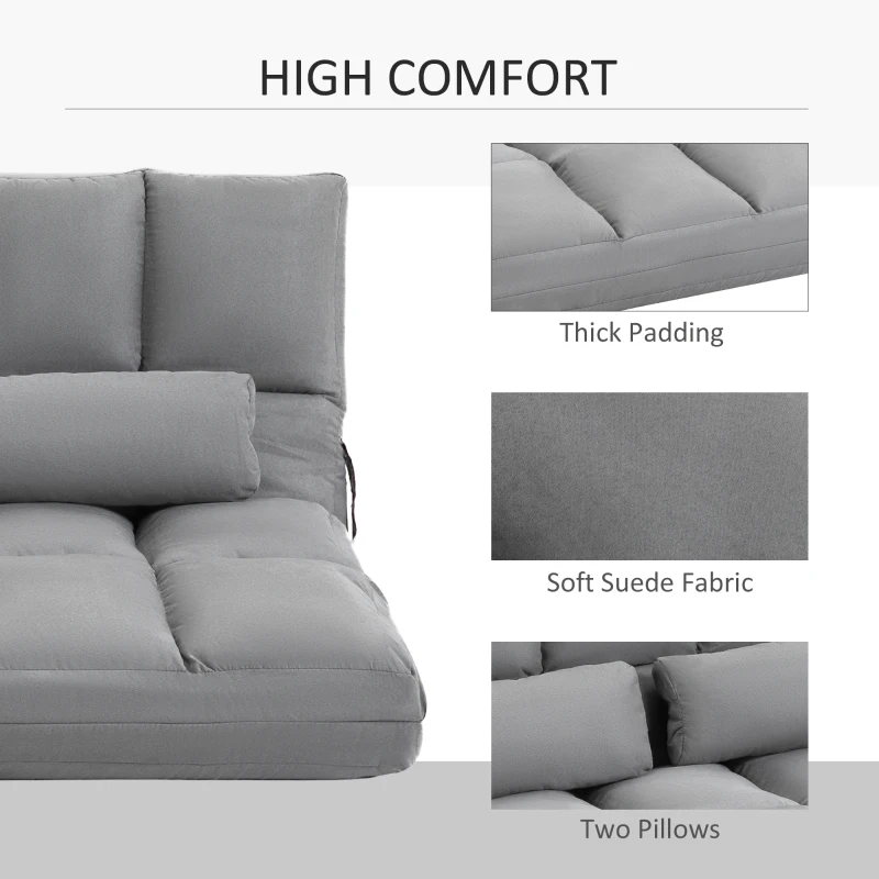 HOMCOM Convertible Floor Sofa Chair, Folding Couch Bed, Guest Chaise Lounge with 2 Pillows, Adjustable Backrest and Headrest, 51.25" L, Light Gray
