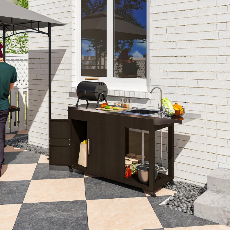 Outsunny Outdoor Grill Table with Stainless Steel Sink and Drainage, Grill Cart with Foldable Side Table and Cabinet, Outdoor Kitchen Island with Wheels, Distressed Brown
