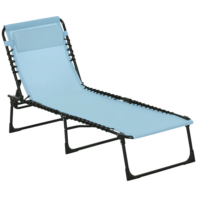 Outsunny Outdoor Folding Lounge Chair, 4-Level Adjustable Chaise Lounge with Headrest, Tanning Chair Beach Bed, Reclining Lounger Cot for Camping, Hiking, Backyard, Light Blue