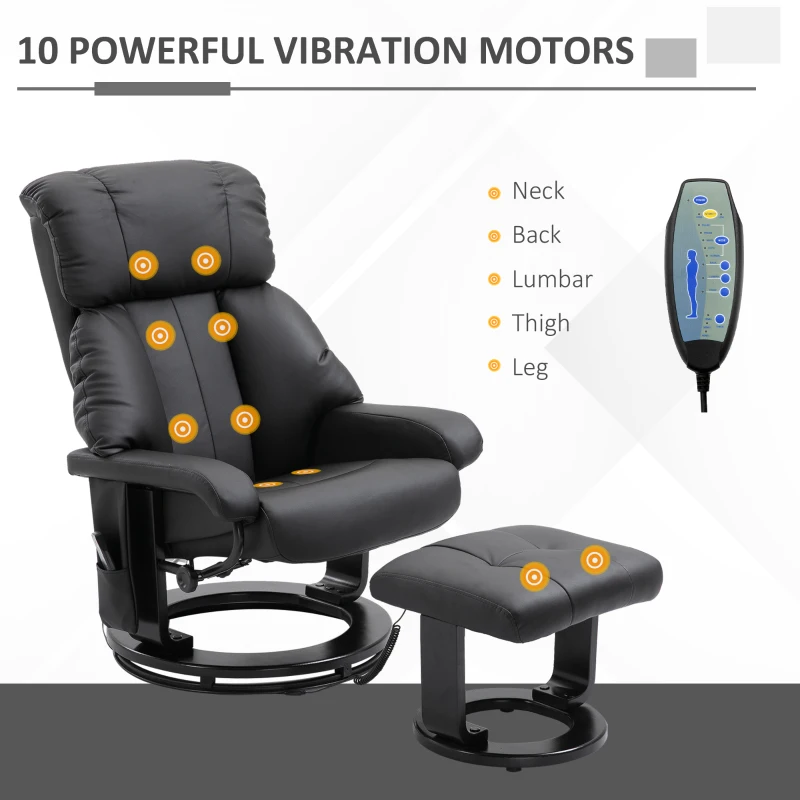 HOMCOM Massage Recliner Chair with Ottoman, 360° Swivel Recliner and Footstool, PU Leather Reclining Chair with Side Pocket and Remote Control, Black