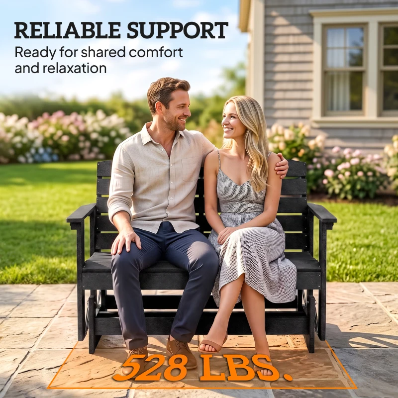 Outsunny Patio Glider Bench w/ HDPE Slatted Double Rocking Chair, Black