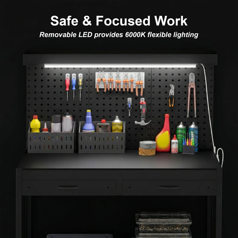 HOMCOM Workbench with LED Light and Power Strip, 43" Heavy Duty Work Table with Pegboard and Drawers for Garage Workshop, Black