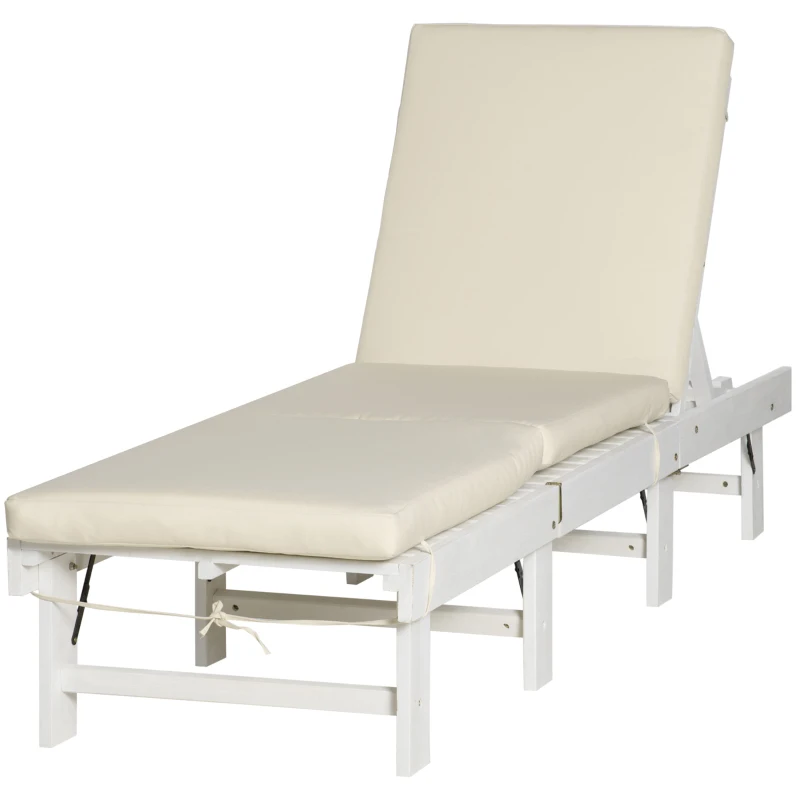 Outsunny Wooden Folding Chaise Lounge, Outdoor Chaise Lounge Chair, Garden Reclining Tanning Chair with 4 Adjustable Back Soft Cushions, White