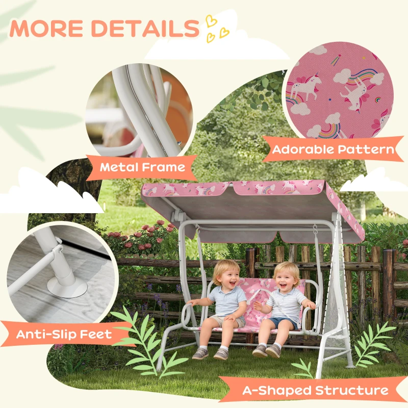 Qaba Kids Porch Swing, 2-Seater Patio Swing Bench with Safety Belts, Adjustable Canopy for Backyard, Garden, Pink