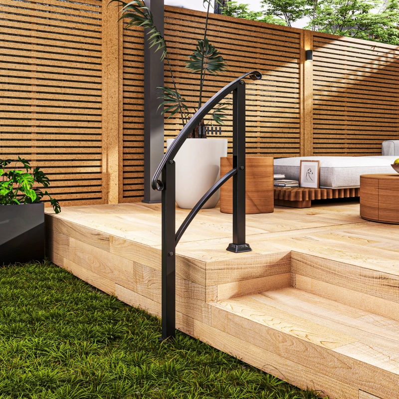 Outsunny 1-3 Step Metal Handrails for Outdoor Steps, Porch Deck Stair Railing with Installation Kit for Concrete Steps, Black