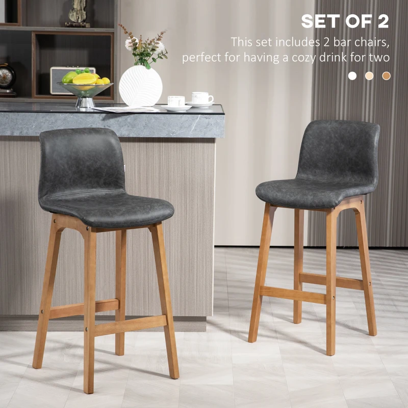 HOMCOM Modern Bar Stools Set of 2, Counter Height Bar Chair with PU Leather Wooden Frame Padding Seats for Dining Room Home Bar, Grey