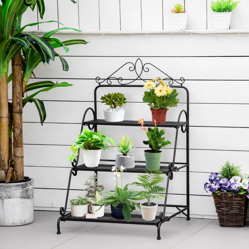 Outsunny Outdoor Plant Stand, 3 Tier Metal Plant Shelf, Stair Style Flower Stand, Plant Display Storage Organizer for Indoor Outdoor Patio Balcony Yard