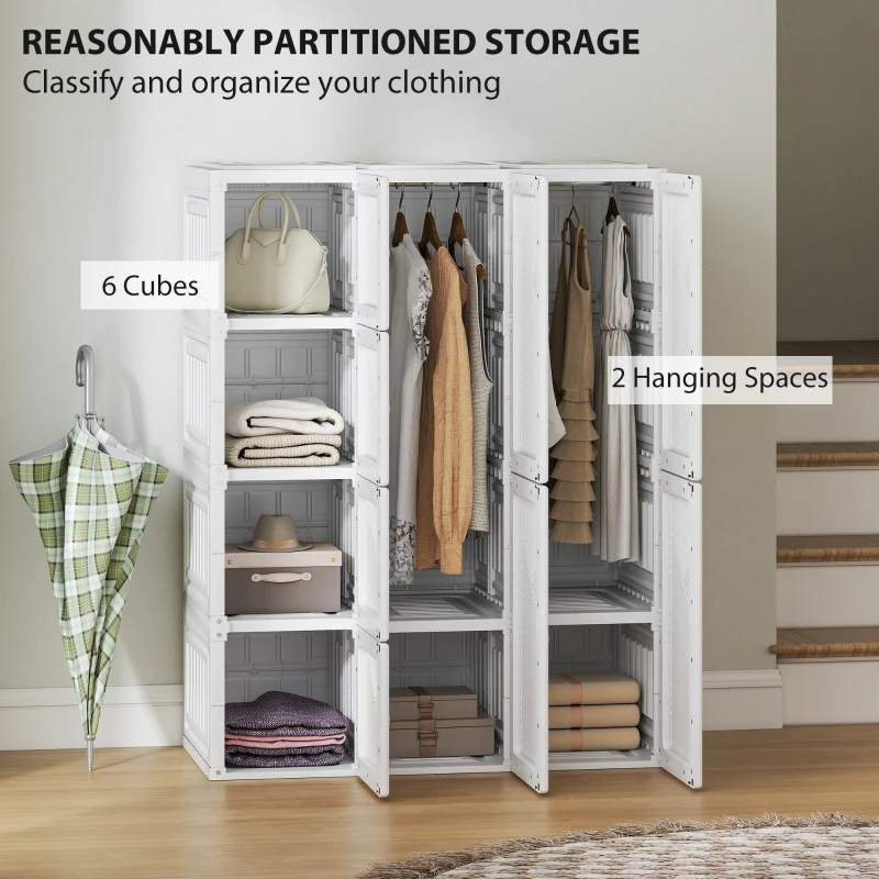 HOMCOM Portable Wardrobe, Foldable Plastic with 8 Compartments, 2 Hanging Rods and Magnetic Doors, White