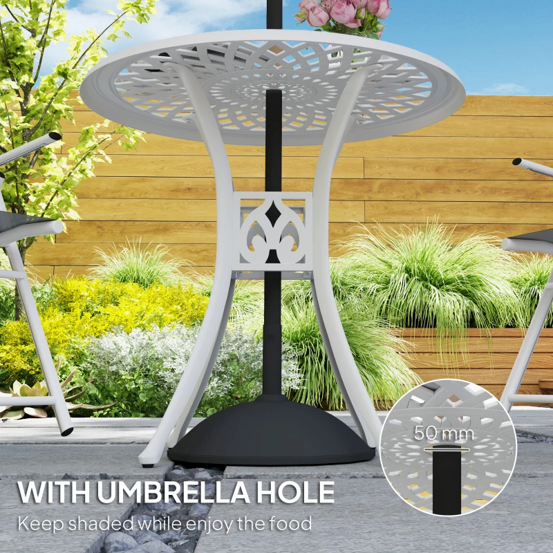 Outsunny 30-inch Round Patio Dining Table with Umbrella Hole Cast Aluminium Outdoor Bistro Table, White