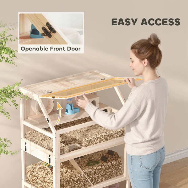 PawHut Wooden Hamster Cage with Detachable Lower Floor, Storage Shelf, Hut, Seesaw, Exercise Wheel, Ramps for Dwarf
