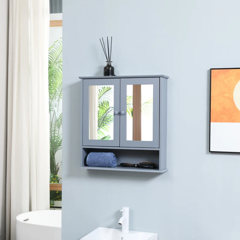 kleankin Medicine Cabinet, Wall-Mounted Medicine Cabinet with Mirror with Double Doors, Open Shelf, and Adjustable Shelf, Modern Bathroom Wall Cabinet, Grey