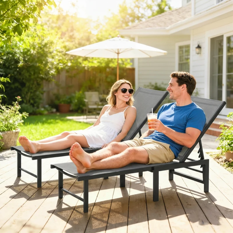 Outsunny Outdoor Lounge Chair Set of 2, 5-Position Reclining Outdoor Chaise Lounge Tanning Chair with Mesh Seat, Grey