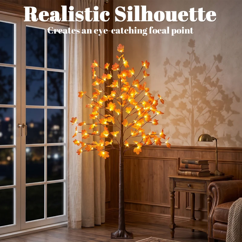 HOMCOM 6FT Artificial Lighted Maple Tree with 96 LED Lights, Daily Timer, Fall Decoration with Bendable Branches