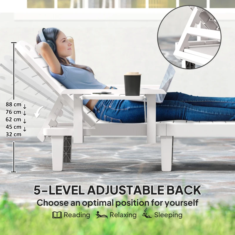 Outsunny Set of 2 Tanning Chair, 5 Positions Adjustable Outdoor Lounge Chairs with Foldable Side Table, White