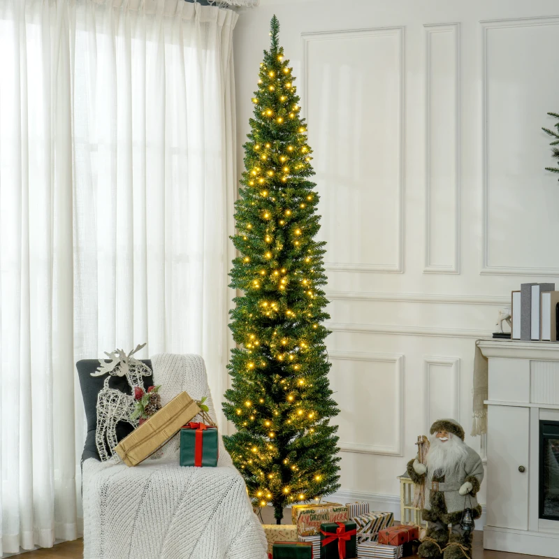 HOMCOM 8ft Pencil Christmas Tree, Slim Artificial Christmas Tree with Realistic Branches and Warm White LED Lights, Green