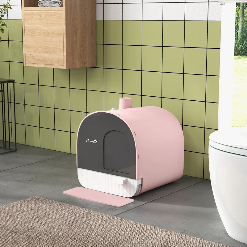 PawHut Cat Litter Box with Lid, Removable Tray, Scoop, Filter, Pink