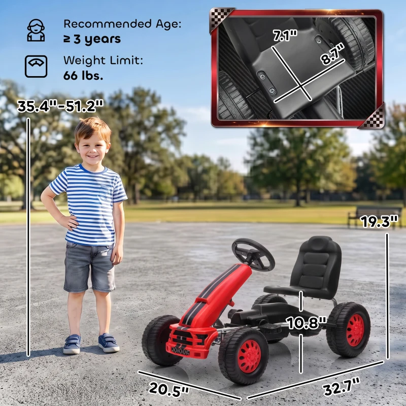 Qaba Lightweight Pedal Go Kart with Steering Wheel, Go Cart Ride on Toy with Adjustable Seat for 3+ Years, Red