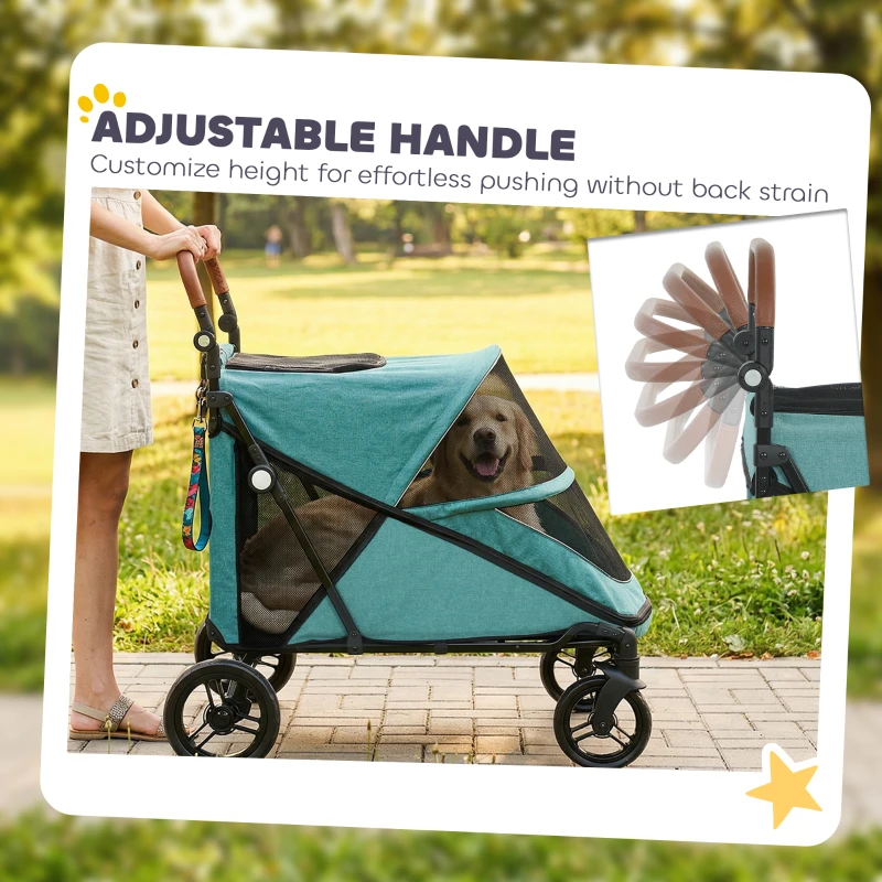 PawHut Dog Stroller for Large Dogs Up to 66 LBS with All-Terrain Spring Suspension, 8-Position Adjustable Handle, Teal