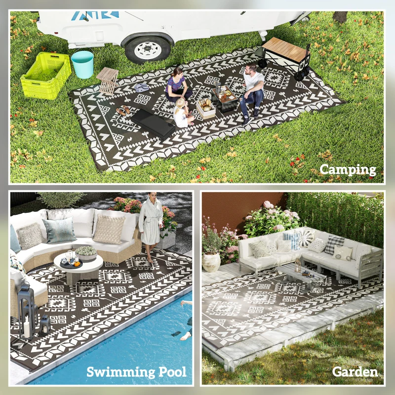 Outsunny Reversible Outdoor Rug, Waterproof Plastic Straw with Carry Bag, 9' x 18', Black & White Rhombus Patchwork